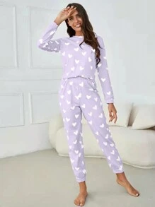 Women's Casual Lilac Heart Print Round Neck Long Sleeve Pajama Set - Mauve Purple - View 4