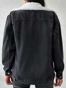 EURMUSE Borg Collar Teddy Lined Denim Jacket - Dark Grey - View 2