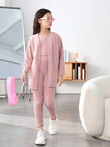 SHEIN Cô gái Tween Chất rắn Thả vai Áo len Duster & Áo len Áo ba lỗ & Quần dệt kim - Bụi hồng - Xem 5
