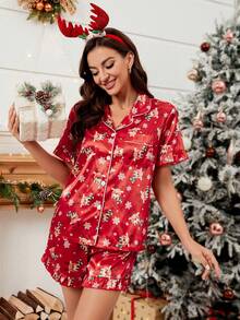 SHEIN 聖誕雪花圖案拼接滾邊緞面睡衣套裝 - 酒紅色 - 查看 4