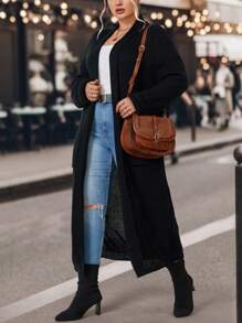 SHEIN LUNE 大码双口袋休闲设计开衫 - 黑色 - 查看 4