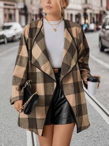 SHEIN LUNE Hơn In kẻ sọc Buffalo Cổ áo thác nước Mở Mặt trước Áo khoác - Màu Khaki - Xem 5