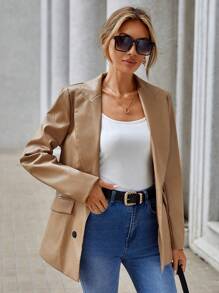 SHEIN Clasi Lapel Neck Double Breasted PU Blazer - Khaki - View 6