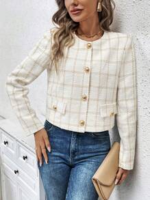 SHEIN Clasi Plaid Print Button Front Jacket - Beige - View 5