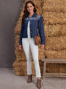 EMERY ROSE 休閒前紐扣佩斯利花紋女士牛仔夾克 & 外套 - 深色水洗藍 - 查看 4