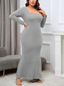 SHEIN Privé 大碼方領魚尾裙下擺洋裝 - 灰色 - 查看 4