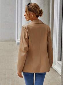 SHEIN Clasi Lapel Neck Double Breasted PU Blazer - Khaki - View 2