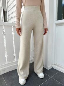 EURMUSE Solid Wide Leg Knit Pants - Beige - View 1