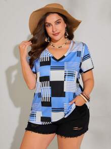 SHEIN LUNE Plus Striped & Geo Print Tee - Multicolor - View 3