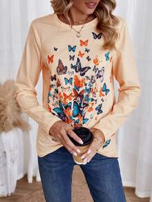 SHEIN LUNE 蝴蝶圖案扭結下擺T恤 - 橘色 - 查看 4