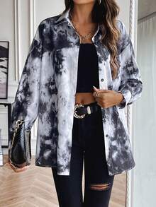 SHEIN Essnce Nhuộm buộc Thả vai Áo sơ mi - Xám - Xem 3