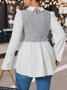 Calvaya 加兩色泡泡袖荷葉邊 2 合 1 上衣 - 白色 - 查看 2