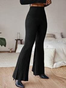 SHEIN LUNE Solid Flare Leg Knit Pants In Fall/Winter - Black - View 7