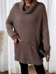 SHEIN LUNE Cowl Neck Drop Shoulder Pocket Patched Knit Pullover Fall Winter Sweater - Brown - View 5