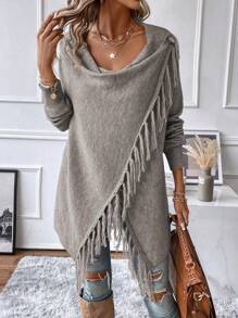 SHEIN LUNE Fringe Trim Asymmetrical Hem Draped Collar Cardigan - Grey - View 5