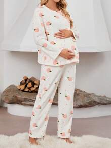 SHEIN Maternity Strawberry Print Nursing Top & Adjustable Waist Pants - Apricot - View 1