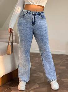 SHEIN EZwear 大碼下擺開叉牛仔喇叭褲 - 藍色 - 查看 2