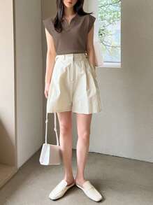 Dazy-Less Women's Casual Business Style Solid Color Loose Fit Knit Sweater With Collar Old Money - Coffee Brown - View 4