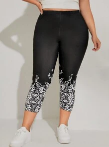 SHEIN LUNE 大碼印花緊身打底褲 - 黑色 - 查看 5