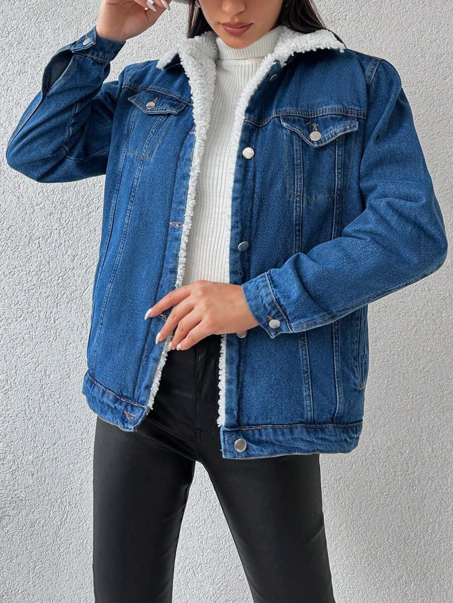 EURMUSE Túi có nắp Lót Teddy Áo khoác denim - Màu xanh lam - Xem 1