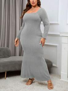 SHEIN Privé 大碼方領魚尾裙下擺洋裝 - 灰色 - 查看 3