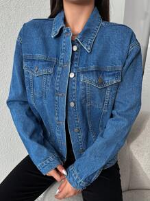 EURMUSE Flap Detail Drop Shoulder Denim Jacket - Blue - View 6