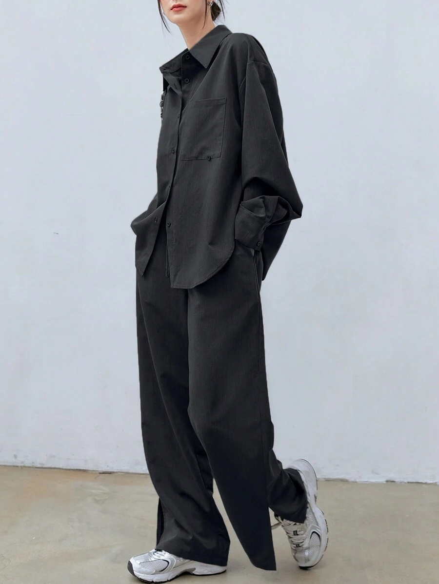 DAZY Solid Button Front Drop Shoulder Shirt & Split Hem Trousers - Black - View 1