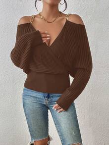 SHEIN Essnce Chain Detail Cold Shoulder Batwing Sleeve Sweater - Brown - View 6
