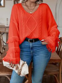 Calvaya 加绒流苏饰边落肩麻花针织套头衫秋冬毛衣 - 珊瑚橙 - 查看 1