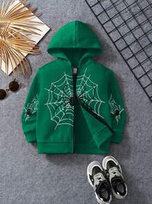 SHEIN Young Boy Spider Web Print Zip Up Sweatshirt - Green - View 1