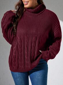SHEIN LUNE Plus Turtleneck Cable Knit Drop Shoulder Sweater - Burgundy - View 4