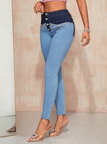 SHEIN Privé Jeans ajustados de dos tonos con botón - Lavado ligero - Ver 3