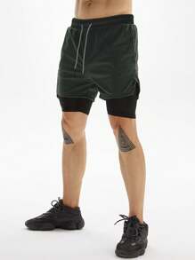 Manfinity Fitness Men Drawstring Waist 2 In 1 Sports Stretchy Shorts With Phone Pocket Gym Shorts Grey Shorts - Dark Grey - View 3