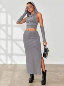 SHEIN Unity Women's Fashionable Solid Color Hooded Top & Mini Skir2 Piecesce Set - Grey - View 3