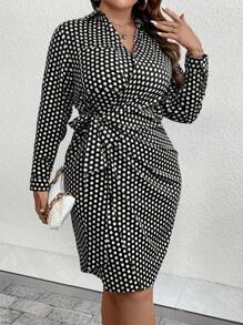 SHEIN Clasi 大碼波點圖案側打結圍裹式洋裝 - 黑與白 - 查看 4