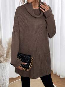 SHEIN LUNE Cowl Neck Drop Shoulder Pocket Patched Knit Pullover Fall Winter Sweater - Brown - View 6