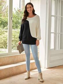 EMERY ROSE 雙色蝙蝠袖套頭毛衣 - 黑與白 - 查看 3