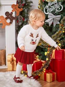 SHEIN Đứa bé gái Nai sừng tấm Giáng sinh Thêu Teddy Áo nỉ & Chân Váy xếp ly & Mũ - trắng - Xem 5