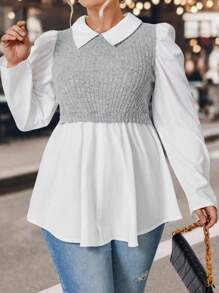 Calvaya 加兩色泡泡袖荷葉邊 2 合 1 上衣 - 白色 - 查看 3