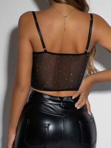 Allurite 法式性感浪漫弹力柔软舒适透视波点网纱拼接针织面料，带钢圈，鱼尾3D包边，不对称下摆，露背设计，可调节吊带背心，春夏秋季派对女士上衣 - 黑色 - 查看 2