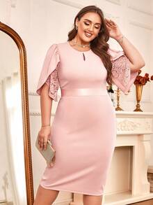 CurvySweet Plus Keyhole Neckline Petal Sleeve Bodycon Dress - Pink - View 4