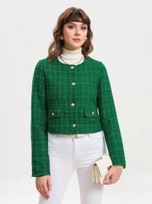 SHEIN BIZwear 格紋印花前紐扣花呢外套 - 綠色 - 查看 1