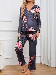 孕婦熱帶圖案前紐扣睡衣套裝 - 彩色 - 查看 5