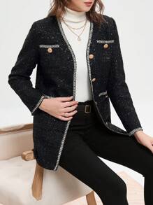 SHEIN BIZwear Contrast Trim Button Front Tweed Overcoat - Black - View 3