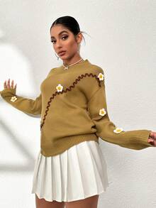 SHEIN Unity 貼花細節落肩袖套頭毛衣 - 卡其色 - 查看 3