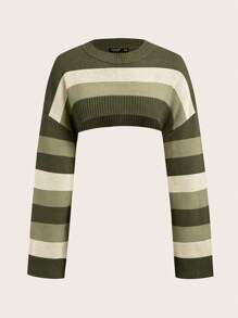 SHEIN ICON 大碼條紋圖案落肩袖短款毛衣 - 彩色 - 查看 1