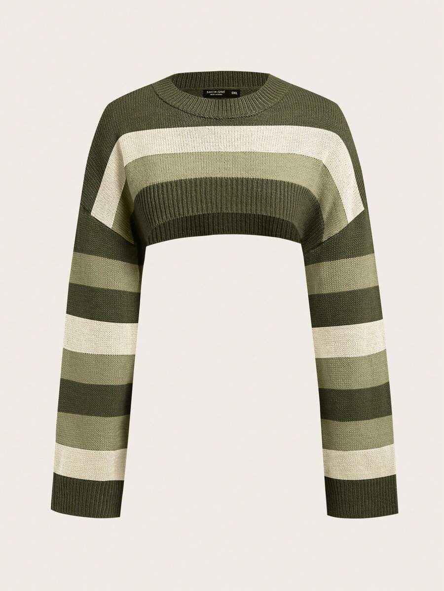 SHEIN ICON 大碼條紋圖案落肩袖短款毛衣 - 彩色 - 查看 1