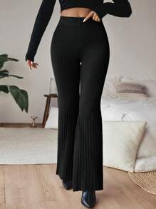 SHEIN LUNE Solid Flare Leg Knit Pants In Fall/Winter - Black - View 6