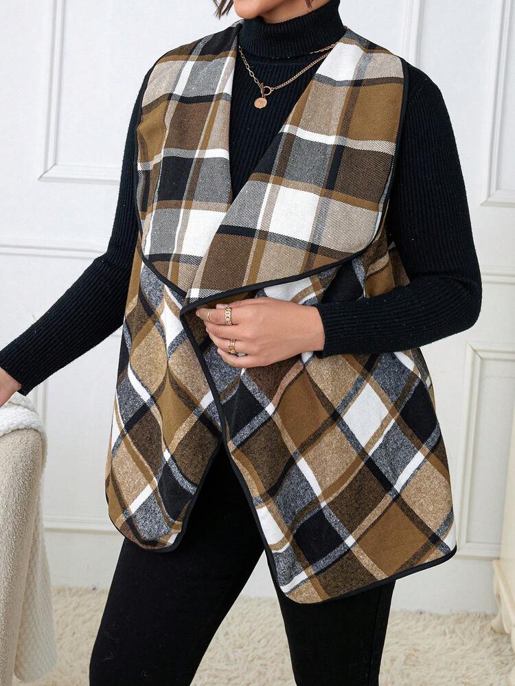 Plus Plaid Print Waterfall Collar Vest Jacket