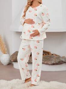 SHEIN Maternity Strawberry Print Nursing Top & Adjustable Waist Pants - Apricot - View 3